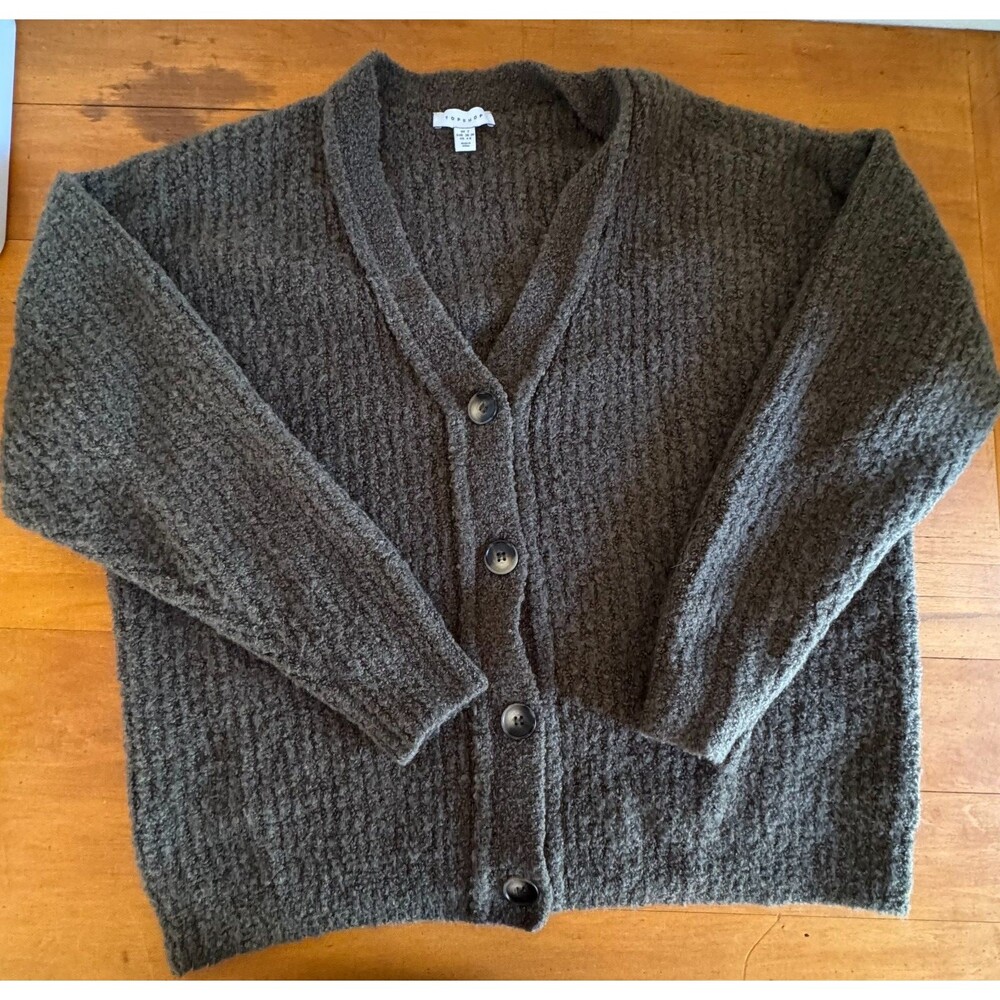 TOPSHOP Cardigan, Moss Green Bouclé Knit Wool Blend, Oversized Boyfriend Fit S